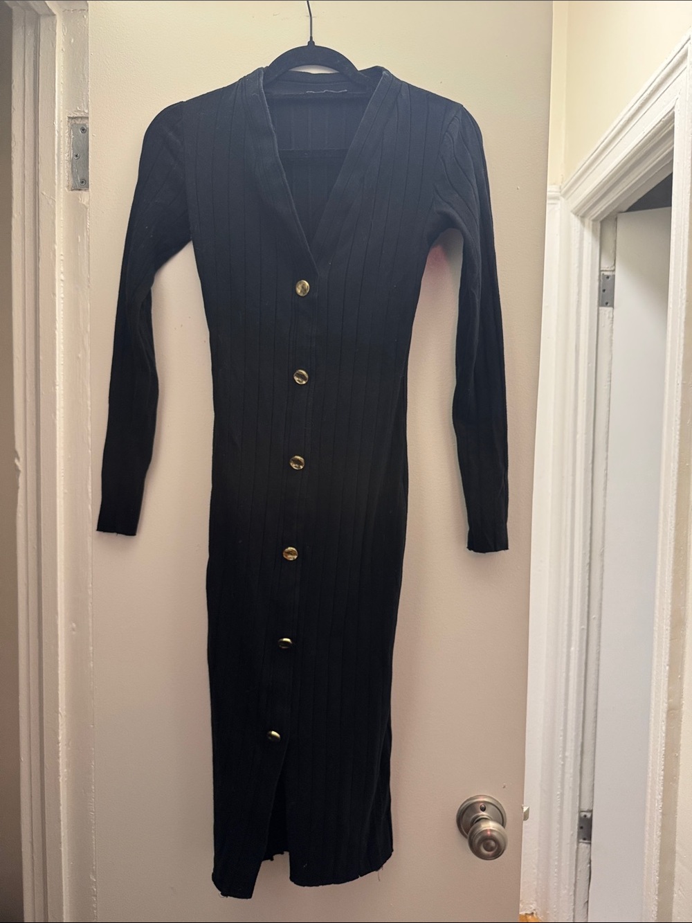 Black Zara Ribbed Button-Front Long Sleeve Dress